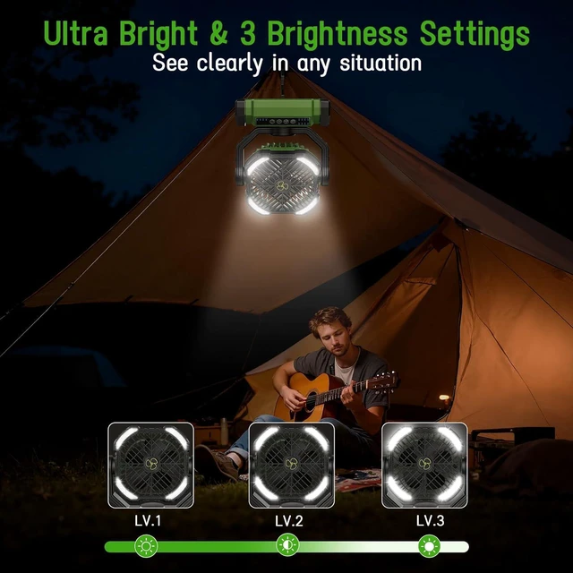 Alt view image 4 of 7 - UUYEE Rechargeable Fan Portable, Camping Fan Rechargeable, Large Battery Powered Fans, 4Speed Cordless Fans with LED Lantern & Hanging Hook-Green