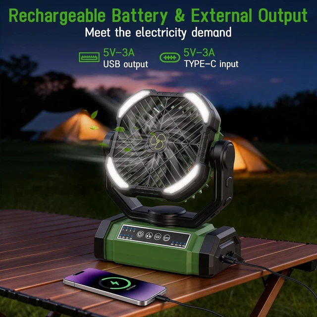Alt view image 6 of 7 - UUYEE Rechargeable Fan Portable, Camping Fan Rechargeable, Large Battery Powered Fans, 4Speed Cordless Fans with LED Lantern & Hanging Hook-Green