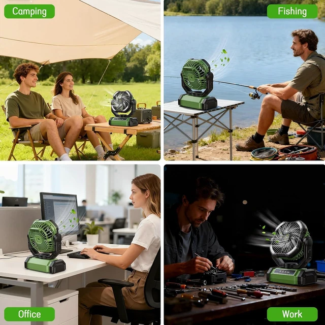 Alt view image 7 of 7 - UUYEE Rechargeable Fan Portable, Camping Fan Rechargeable, Large Battery Powered Fans, 4Speed Cordless Fans with LED Lantern & Hanging Hook-Green