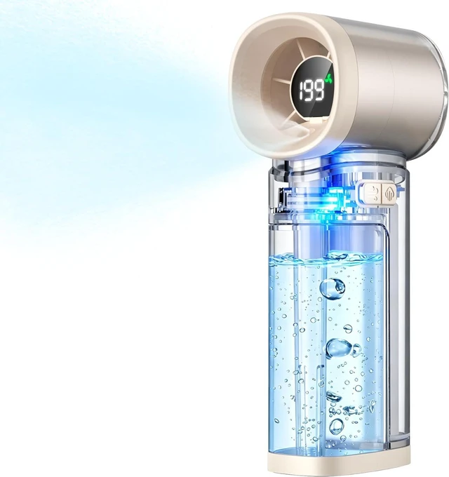 Main image of Handheld Misting Fan, Portable Personal Turbo Fan with Nano Mist Spray, 6 Wind Speed, 40ml Water Tank, LED Light, 3000mAh USB Rechargeable for Travel, Outdoors, Camping, Home and Office Use - Beige