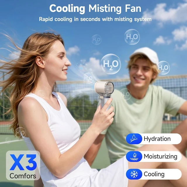 Alt view image 2 of 7 - Handheld Misting Fan, Portable Personal Turbo Fan with Nano Mist Spray, 6 Wind Speed, 40ml Water Tank, LED Light, 3000mAh USB Rechargeable for Travel, Outdoors, Camping, Home and Office Use - Beige