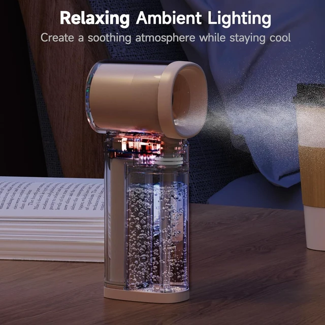 Alt view image 6 of 7 - Handheld Misting Fan, Portable Personal Turbo Fan with Nano Mist Spray, 6 Wind Speed, 40ml Water Tank, LED Light, 3000mAh USB Rechargeable for Travel, Outdoors, Camping, Home and Office Use - Beige