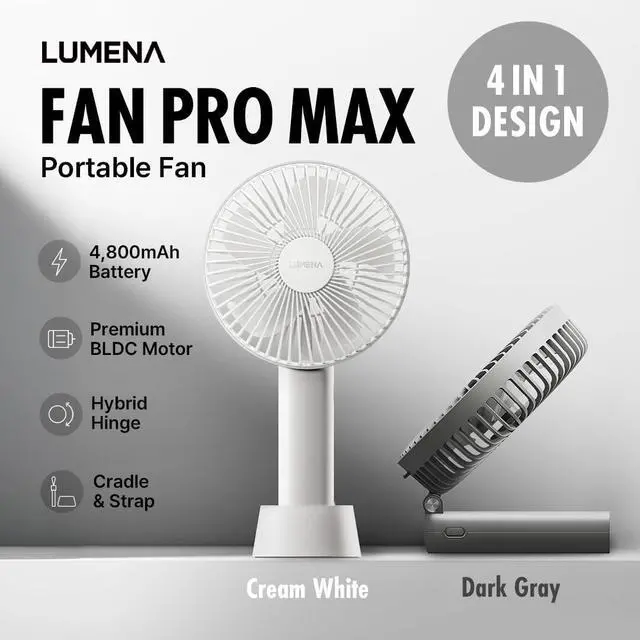 Alt view image 2 of 7 - LUMENA Fan Pro Max - Foldable Handheld Fan with Cradle | with USB Type C Rechargeable 4800mAh Battery, 4-Speed, 5.7" Head, Portable for Desk or Travel (White)
