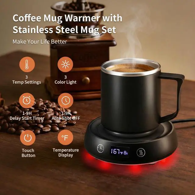 Alt view image 4 of 7 - Coffee Mug Warmer & Mug Set, Electric Beverage Cup Warmer for Desk, Candle Warmer Plate with Delay Start Timer, 3 Colored Light Milk Tea Water Warmer for Home Office Birthday Present