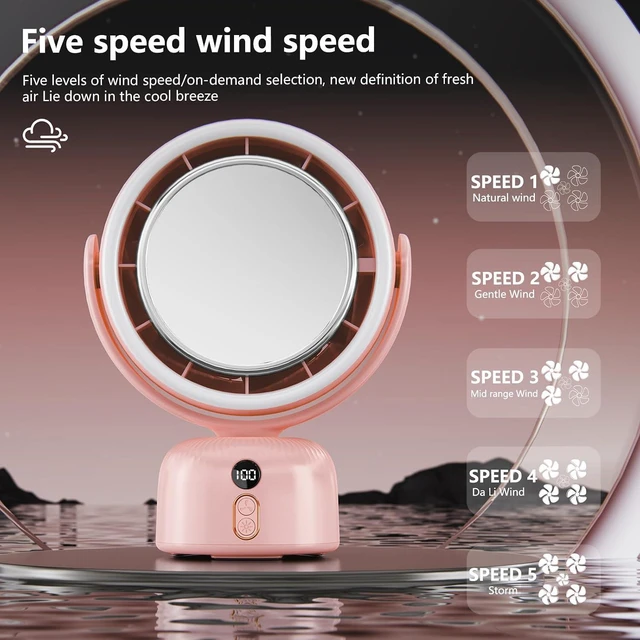 Alt view image 2 of 7 - 6000mah Rechargeable table Fan, Portable Fan with LED Makeup Mirror 5-Speed Quiet Cooling Fan|3 Level Dimming led vanity mirror with light fan | USB-Powered For Home/Office/Kitchen (Pink)