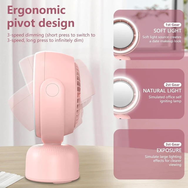 Alt view image 3 of 7 - 6000mah Rechargeable table Fan, Portable Fan with LED Makeup Mirror 5-Speed Quiet Cooling Fan|3 Level Dimming led vanity mirror with light fan | USB-Powered For Home/Office/Kitchen (Pink)