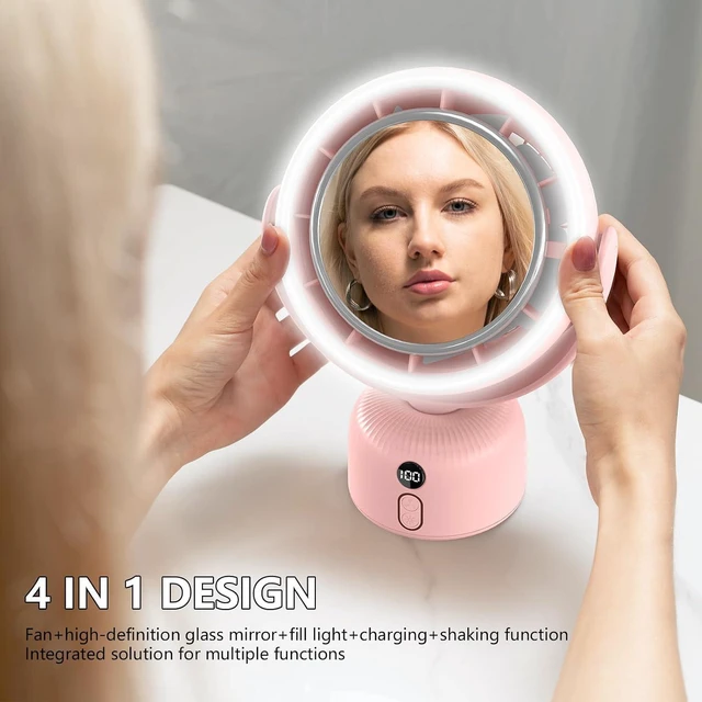 Alt view image 4 of 7 - 6000mah Rechargeable table Fan, Portable Fan with LED Makeup Mirror 5-Speed Quiet Cooling Fan|3 Level Dimming led vanity mirror with light fan | USB-Powered For Home/Office/Kitchen (Pink)