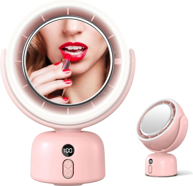 Main image of 6000mah Rechargeable table Fan, Portable Fan with LED Makeup Mirror 5-Speed Quiet Cooling Fan|3 Level Dimming led vanity mirror with light fan | USB-Powered For Home/Office/Kitchen (Pink)