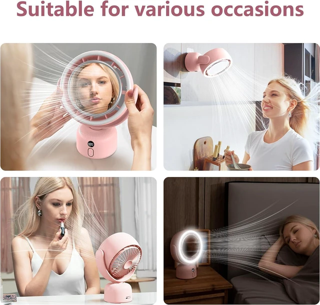 Alt view image 6 of 7 - 6000mah Rechargeable table Fan, Portable Fan with LED Makeup Mirror 5-Speed Quiet Cooling Fan|3 Level Dimming led vanity mirror with light fan | USB-Powered For Home/Office/Kitchen (Pink)
