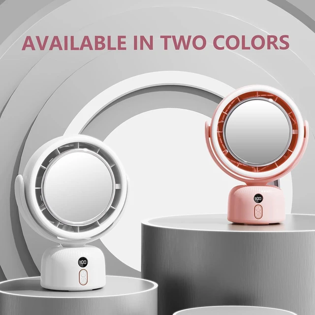 Alt view image 7 of 7 - 6000mah Rechargeable table Fan, Portable Fan with LED Makeup Mirror 5-Speed Quiet Cooling Fan|3 Level Dimming led vanity mirror with light fan | USB-Powered For Home/Office/Kitchen (Pink)