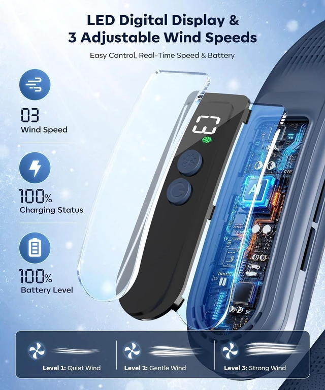 Alt view image 3 of 7 - Beyn Neck Air Conditioner, Portable Neck Cooler Bladeless Rechargeable 6000mAh, Strong Cooling Neck Fan with 3 Speeds, Lightweight Hands Free Personal Cooler for Travel Office Outdoor Summer