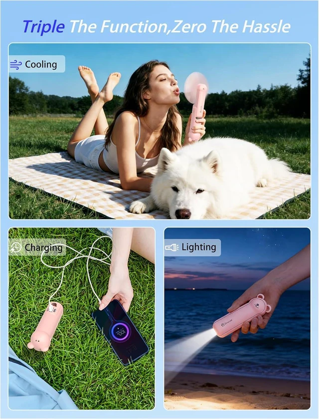 Alt view image 2 of 7 - Portable Handheld Fan, 3 in 1 Mini Personal Fan, 3 Speeds 26 hours working time USB Rechargeable Small Pocket Fan with Power Bank, Flashlight, Gifts for Women Men Kids Outdoor(brown)