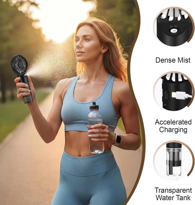 Alt view image 4 of 7 - 2 Pack Portable Misting Fans Rechargeable Handheld Spray Fans with 30ml Water Tank 4-speed Personal Cooling Fan, USB-c Mini Hand Fan for Travel Outdoor Sports Camping Office Home