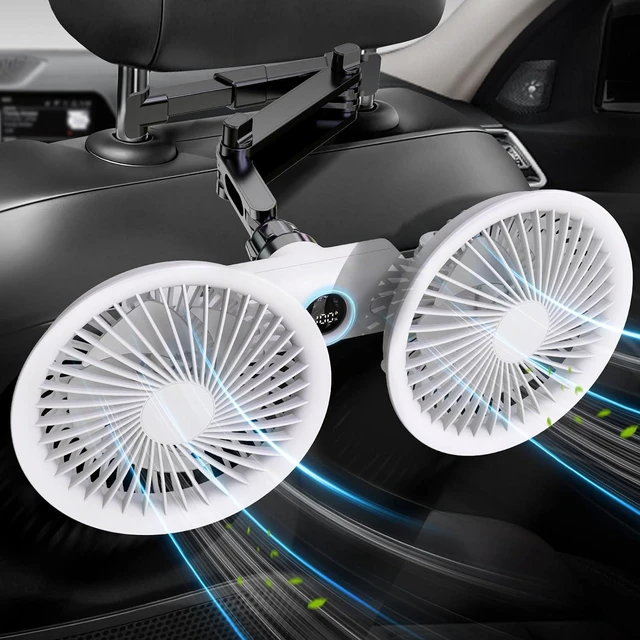Main image of Rechargeable Car fan for Backseat Kids, Battery Powered USB Fans for Car with LED Display, Powerful 3 Speeds 360 Rotation Headrest Dual Head Cooling Car Seat Fan for Baby Rear Facing for SUV Truck