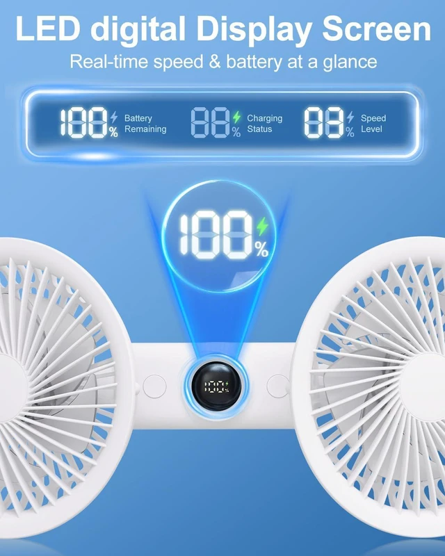 Alt view image 2 of 7 - Rechargeable Car fan for Backseat Kids, Battery Powered USB Fans for Car with LED Display, Powerful 3 Speeds 360 Rotation Headrest Dual Head Cooling Car Seat Fan for Baby Rear Facing for SUV Truck
