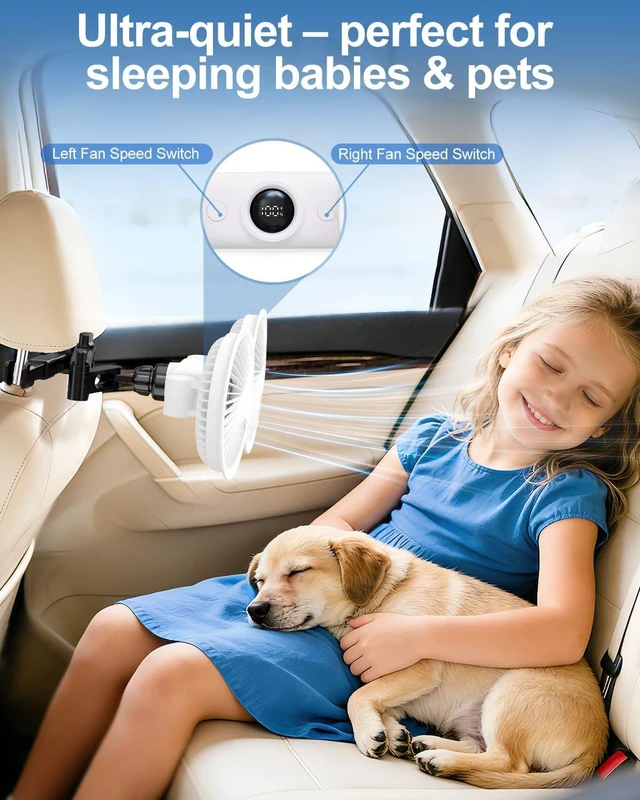 Alt view image 5 of 7 - Rechargeable Car fan for Backseat Kids, Battery Powered USB Fans for Car with LED Display, Powerful 3 Speeds 360 Rotation Headrest Dual Head Cooling Car Seat Fan for Baby Rear Facing for SUV Truck