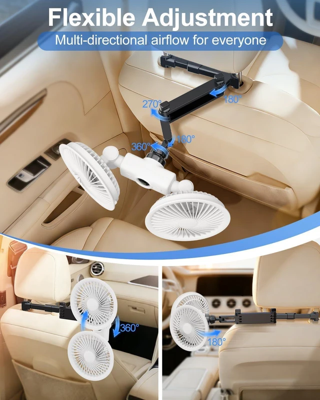 Alt view image 6 of 7 - Rechargeable Car fan for Backseat Kids, Battery Powered USB Fans for Car with LED Display, Powerful 3 Speeds 360 Rotation Headrest Dual Head Cooling Car Seat Fan for Baby Rear Facing for SUV Truck
