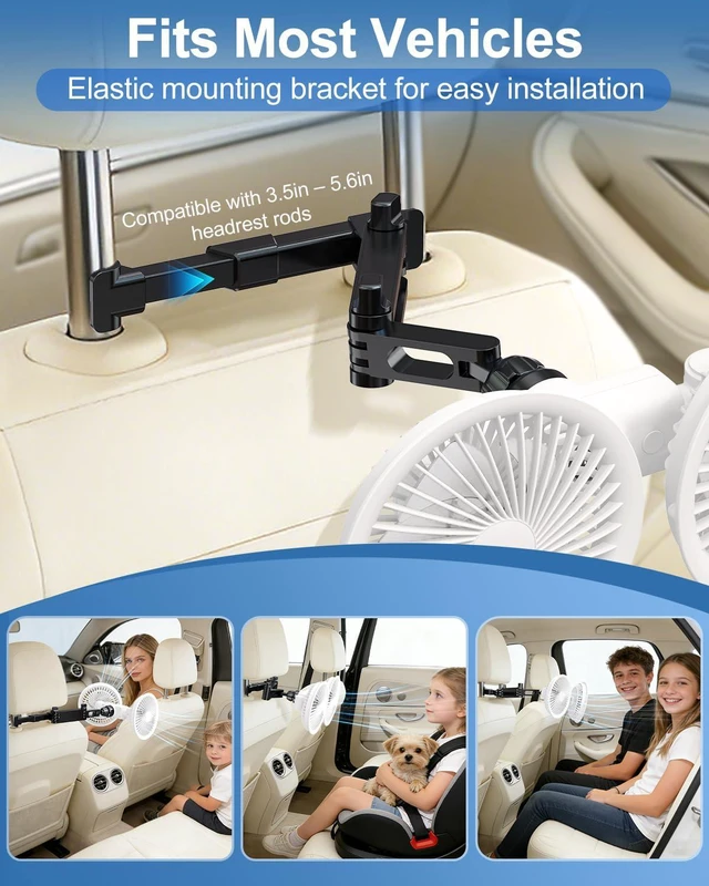 Alt view image 7 of 7 - Rechargeable Car fan for Backseat Kids, Battery Powered USB Fans for Car with LED Display, Powerful 3 Speeds 360 Rotation Headrest Dual Head Cooling Car Seat Fan for Baby Rear Facing for SUV Truck