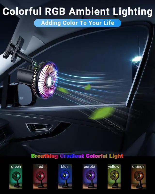Alt view image 3 of 7 - USB Car Fan Oscillating Rechargeable Fan with Colorful Light Battery Powered, 360° Rotatable Portable Clip Visor Fans That Blow Cold Air, Small Cooler Mini Silent, for Vehicle Van Truck Suv Rv