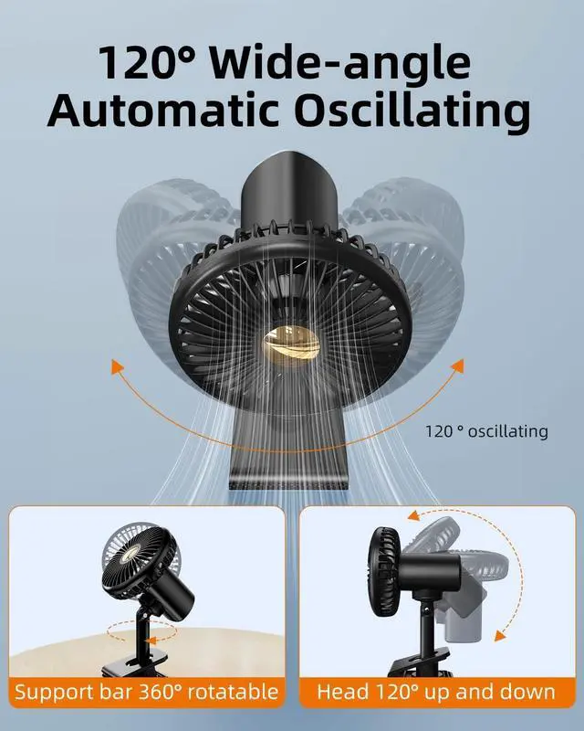 Alt view image 5 of 7 - USB Car Fan Oscillating Rechargeable Fan with Colorful Light Battery Powered, 360° Rotatable Portable Clip Visor Fans That Blow Cold Air, Small Cooler Mini Silent, for Vehicle Van Truck Suv Rv