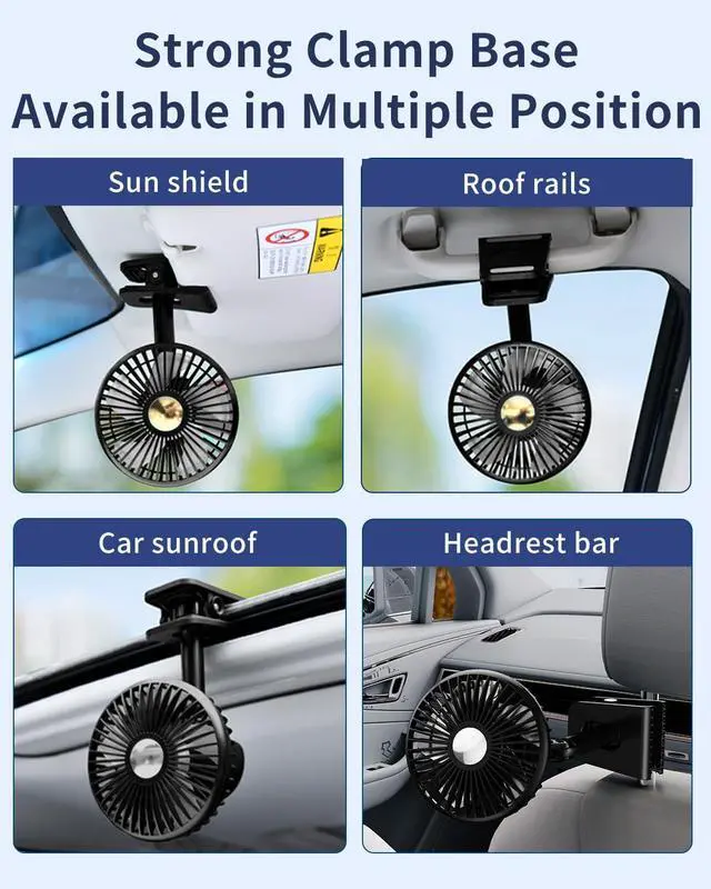 Alt view image 4 of 7 - USB Car Fan Oscillating Rechargeable Fan with Colorful Light Battery Powered, 360° Rotatable Portable Clip Visor Fans That Blow Cold Air, Small Cooler Mini Silent, for Vehicle Van Truck Suv Rv