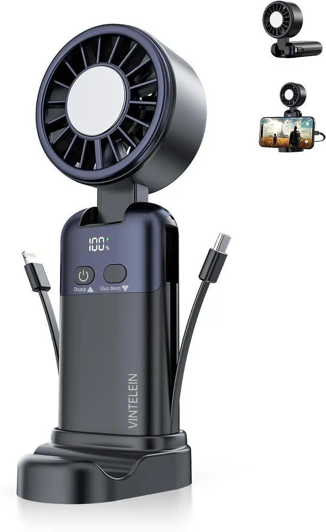 Main image of Portable Handheld Personal Fan with USB-C & iOS Cables 5V/2.4A Fast Charging for Cellphone/Tablet, 20H Cooling Time, Foldable Design with Phone Stand for Camping Travel Outdoor (1, Black)