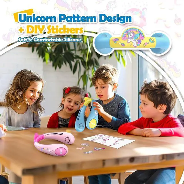 Alt view image 2 of 7 - Kids Neck Fan, Portable Bladeless Neck Fan for Kids, 2600mAh Rechargeable Cooling Fan for 4-14Y Girls Boys with Unicorn Stickers, 4 Speeds & Lightweight Wearable Quiet Fan for Study/Camping/Travel