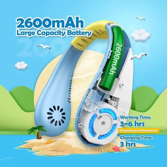 Alt view image 3 of 7 - Kids Neck Fan, Portable Bladeless Neck Fan for Kids, 2600mAh Rechargeable Cooling Fan for 4-14Y Girls Boys with Unicorn Stickers, 4 Speeds & Lightweight Wearable Quiet Fan for Study/Camping/Travel