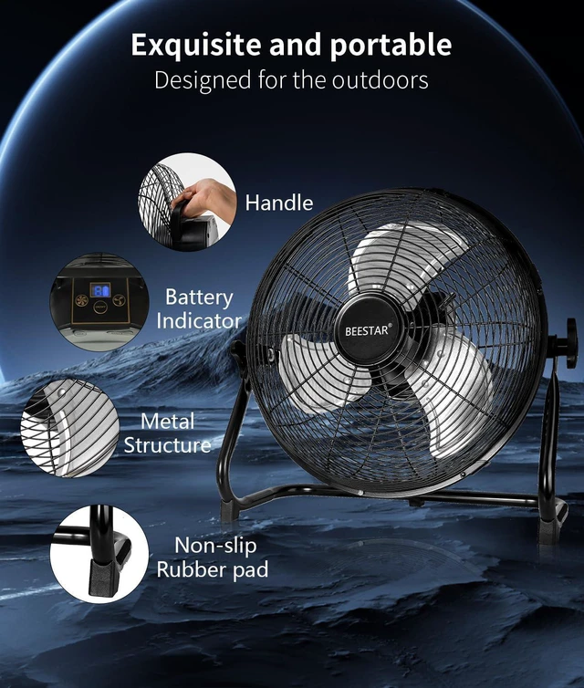 Alt view image 4 of 7 - Rechargeable Floor Fan,16 Inch Battery Operated Fan Cordless High Velocity Fan with Metal Blade Run Up to 48 Hours,360 Degree Tilt ,12 Speed,15600 mAh Battery Powered Fan for Garage,Camping, Travel