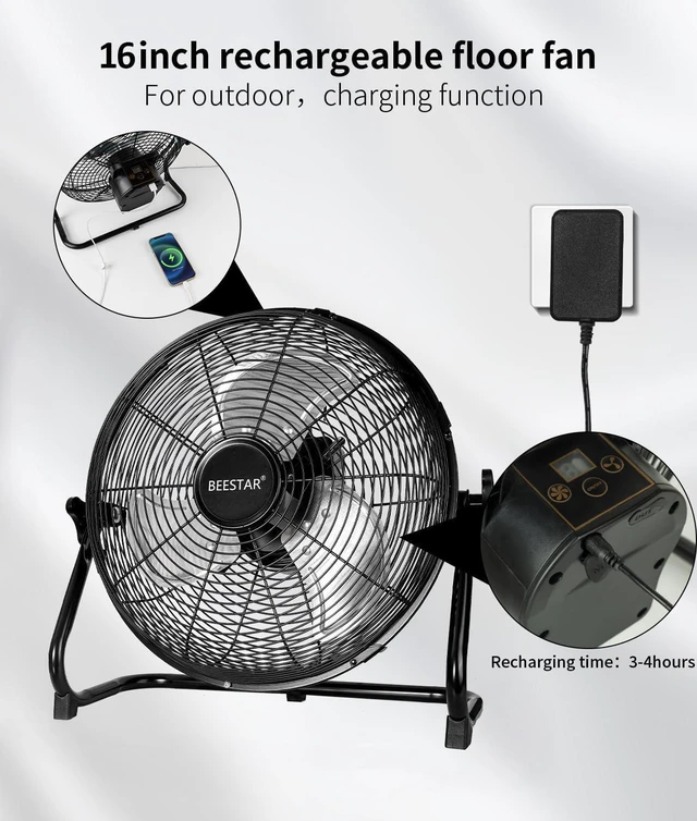 Alt view image 5 of 7 - Rechargeable Floor Fan,16 Inch Battery Operated Fan Cordless High Velocity Fan with Metal Blade Run Up to 48 Hours,360 Degree Tilt ,12 Speed,15600 mAh Battery Powered Fan for Garage,Camping, Travel
