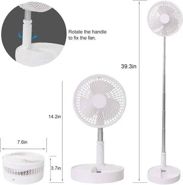 Alt view image 3 of 7 - Portable Desk Fan,Foldable Fan Pedestal Stand Floor Fan Adjustable Height from 14.2 inch to 39inch, 4 Speeds & Time Settings,7200mAh Rechargeable Battery Telescopic Oscillate USB Charging (WHITE)