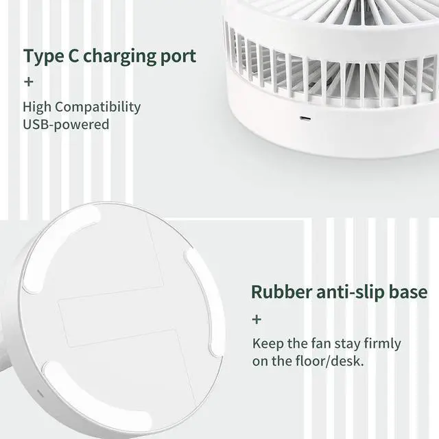 Alt view image 4 of 7 - Portable Desk Fan,Foldable Fan Pedestal Stand Floor Fan Adjustable Height from 14.2 inch to 39inch, 4 Speeds & Time Settings,7200mAh Rechargeable Battery Telescopic Oscillate USB Charging (WHITE)