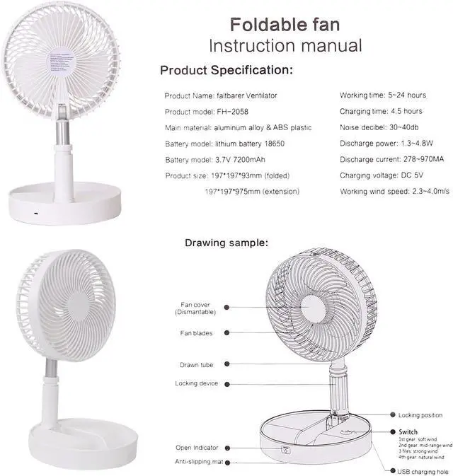 Alt view image 7 of 7 - Portable Desk Fan,Foldable Fan Pedestal Stand Floor Fan Adjustable Height from 14.2 inch to 39inch, 4 Speeds & Time Settings,7200mAh Rechargeable Battery Telescopic Oscillate USB Charging (WHITE)