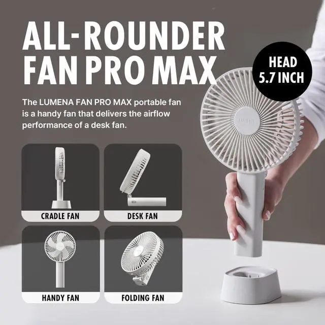Alt view image 3 of 7 - LUMENA Fan Pro Max - Foldable Handheld Fan with Cradle | with USB Type C Rechargeable 4800mAh Battery, 4-Speed, 5.7" Head, Portable for Desk or Travel (White)