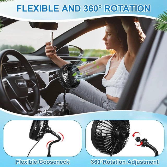 Alt view image 6 of 7 - DaisyInner 2pcs Car Fan USB Fan Cup Holder Portable Vehicle Cooling Fan USB Powered 3 Speeds 360°rotation with Flexible Gooseneck Adjustable Base Car Fan for Car Van Truck Suv Sedan Boat Supply