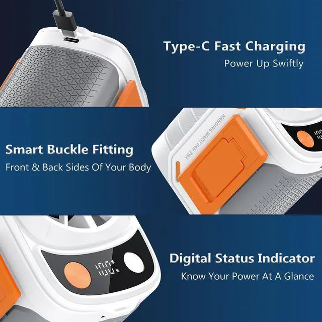 Alt view image 7 of 7 - Portable Waist & Neck Fan, Wearable Personal Fan with Icy Cooling Chip and Adjustable Airflow, Rechargeable Belt Clip Hands-Free Fan for Outdoor, Hiking, Construction, Farm Work Long Battery Life