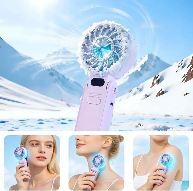 Alt view image 2 of 7 - Portable Handheld Turbo Fan With Ice Cooling, 3-IN-1 Rechargeable Mini Personal Handheld Fans 180° Adjustable, 5 Speed Wind, Digital Display for Travel, Outdoor Games, Working (Purple)