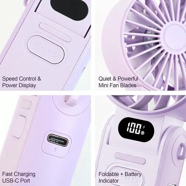 Alt view image 7 of 7 - Portable Handheld Turbo Fan With Ice Cooling, 3-IN-1 Rechargeable Mini Personal Handheld Fans 180° Adjustable, 5 Speed Wind, Digital Display for Travel, Outdoor Games, Working (Purple)