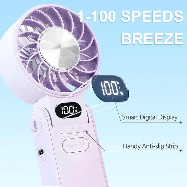 Alt view image 6 of 7 - Portable Handheld Turbo Fan With Ice Cooling, 3-IN-1 Rechargeable Mini Personal Handheld Fans 180° Adjustable, 5 Speed Wind, Digital Display for Travel, Outdoor Games, Working (Purple)