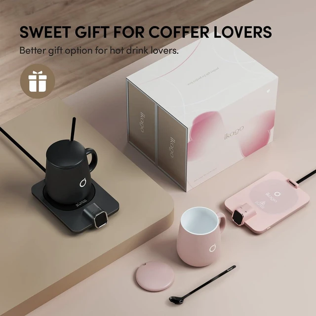 Alt view image 2 of 7 - 2Pcs Heated Coffee Mug Warmer & Mug Set - Heated Mug Warmer Plates with Auto Shut Off, 1°F Precise Electric Coffee Warmer Plates for Desk, Valentine's Day Gift for Couple, Dark Grey and Pink