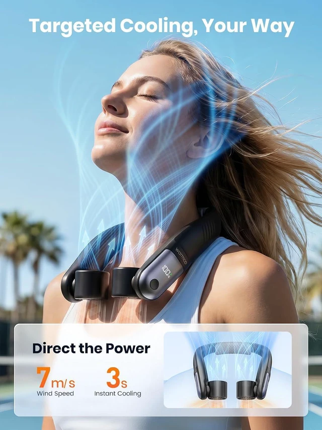 Alt view image 2 of 7 - Warmco N5 10000mAh Rechargeable Neck Fan for Travel and Outdoor Use | Up to 30H Runtime, 7m/s Airflow, 60° Dual Vents, 4 Speeds, LED Display, Soft Silicone Neck Rest