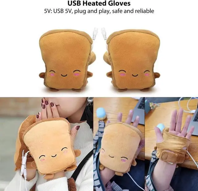 Alt view image 5 of 7 - USB Warmer Heated Gloves Cute Hand Warmers Gloves Fingerless Cute Toast Shape New Year Gift Winter Gloves