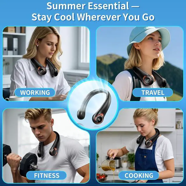 Alt view image 7 of 7 - BNBZ Portable Neck Fan, 6000mAh Rechargeable Fan Blows Cold Air with LED Display, 4 Speeds, 20H Runtime, Quiet Wearable 360° Personal Cooling Fan for Outdoor Travel Work Gym,Fireplace Fans