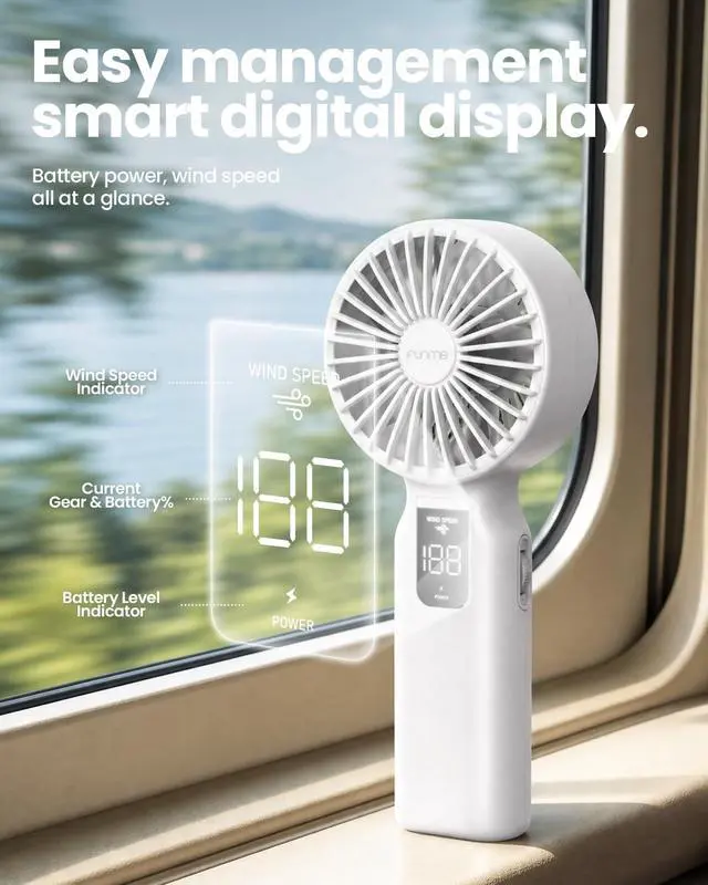 Alt view image 6 of 7 - Funme Portable Handheld Fan Pro, 3.5" Fan Blades, 4000mAh Personal Fan, Single-Phase Motor 1-100 Speed&Storm Mode, Digital Display, 3-IN-1 Rechargeable Fan for Travel/Summer/Outdoor, Black