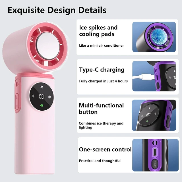 Alt view image 5 of 6 - Ayland Portable Handheld Fan, 6000mAh Travel Fan with Ice Cooling, 199 Levels Stepless Speed, 20H Long Battery Life, 20000RPM Turbo, USB-C Rechargeable for Summer, Concerts & Outdoor Use