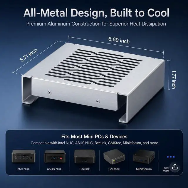 Alt view image 3 of 7 - Aluminum Mini PC Cooler Stand with 120mm Fan, Desktop Cooling Base for Mac mini, Router, Modem, Network Switch & TV Box - Heavy Duty Thermal Stand, USB Powered, Silver