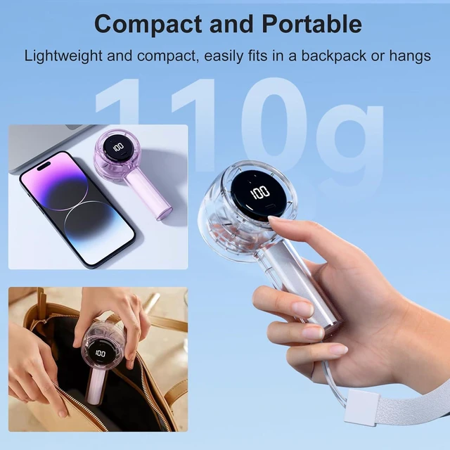 Alt view image 5 of 7 - Portable Handheld Fan, Cute Fully Transparent Design Personal Hand Held Fan with LED Display 5 Wind Speeds Colorful Night Light, USB Fan for Travel Beach Camping