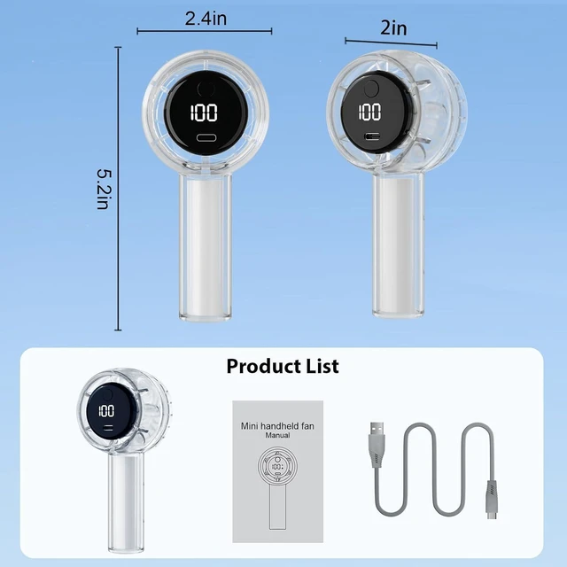 Alt view image 7 of 7 - Portable Handheld Fan, Cute Fully Transparent Design Personal Hand Held Fan with LED Display 5 Wind Speeds Colorful Night Light, USB Fan for Travel Beach Camping