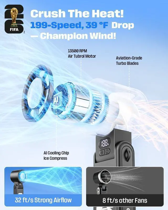 Alt view image 5 of 7 - FIFA World Cup Portable Cooling Fan, 1-199 Gear Turbo Fan | 13500 RPM Strong Wind, 3600mAh Long Battery, 150° Tilt, Official Licensed Gift for Fanatic, Summer, Beach (White)