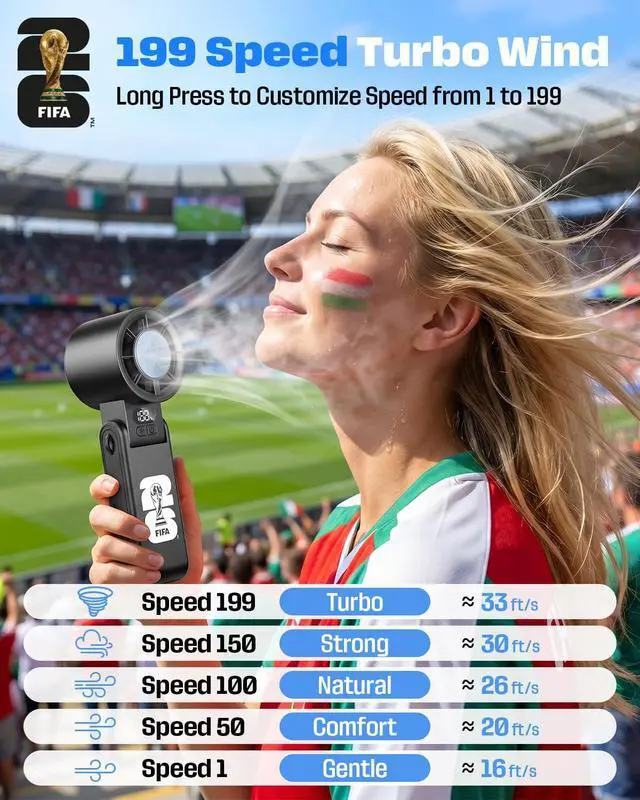 Alt view image 3 of 7 - FIFA World Cup Portable Cooling Fan, 1-199 Gear Turbo Fan | 13500 RPM Strong Wind, 3600mAh Long Battery, 150° Tilt, Official Licensed Gift for Fanatic, Summer, Beach (White)